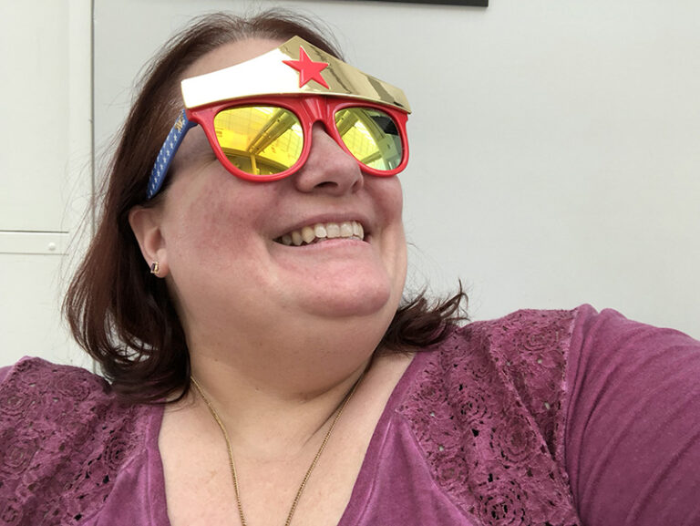 Michelle wearing Wonder Woman glasses