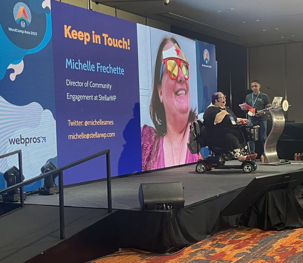 Michelle Frechette on stage at WordCamp Asia 2023