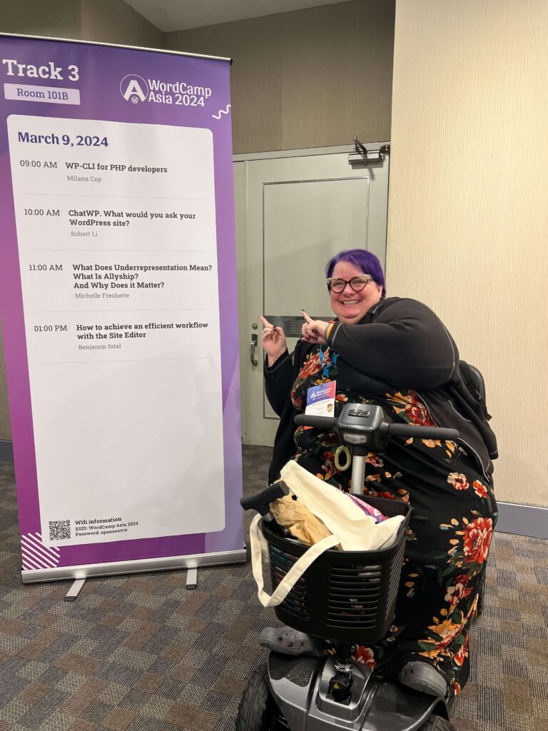 Michelle Frechette on stage at WordCamp Asia 2024 - Allyship presentation