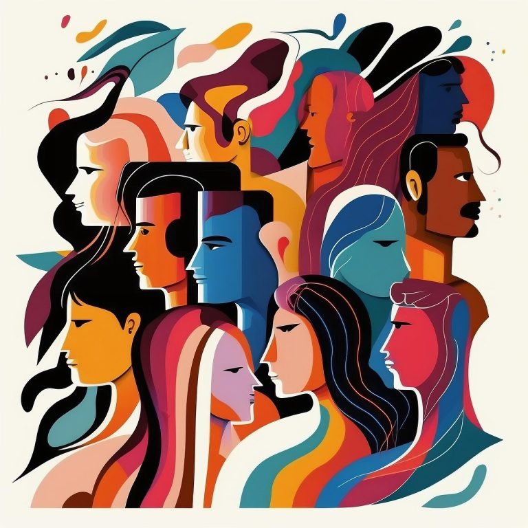 Abstract illustration of a diverse group of people in profile, facing different directions. The artwork uses bold, overlapping shapes and vibrant colors — including shades of orange, blue, red, pink, and teal — to represent individuality and unity. The stylized figures have smooth lines and simplified features, creating a sense of harmony and connection within the composition.
