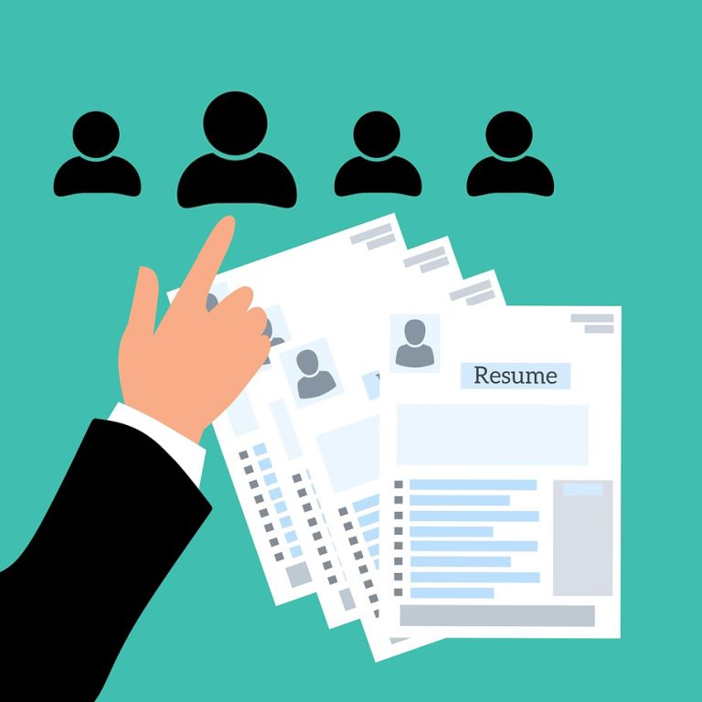 A cartoon drawing of a hand pointing to the outline of a person, and a pile of résumés