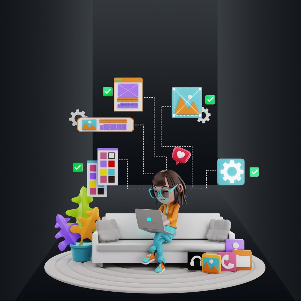 Cartoon image of a woman sitting on a couch blogging, with ideas swirling around her head